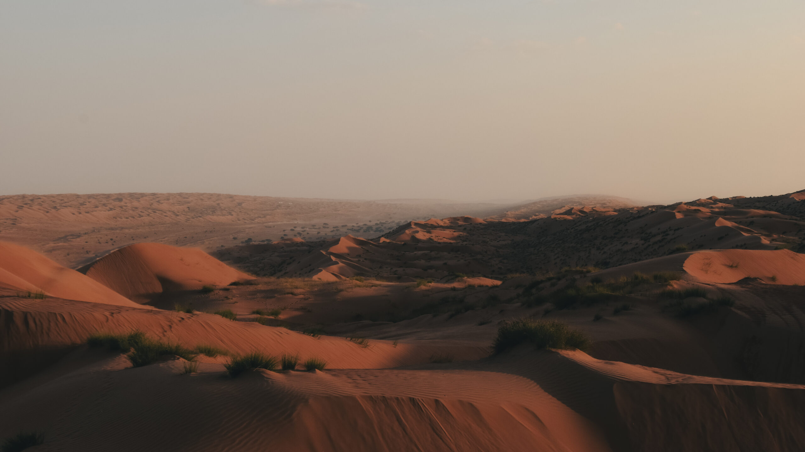Epic desert sunset over the rolling sand dunes of Wahiba Sands in Oman, with the golden sun setting on the horizon