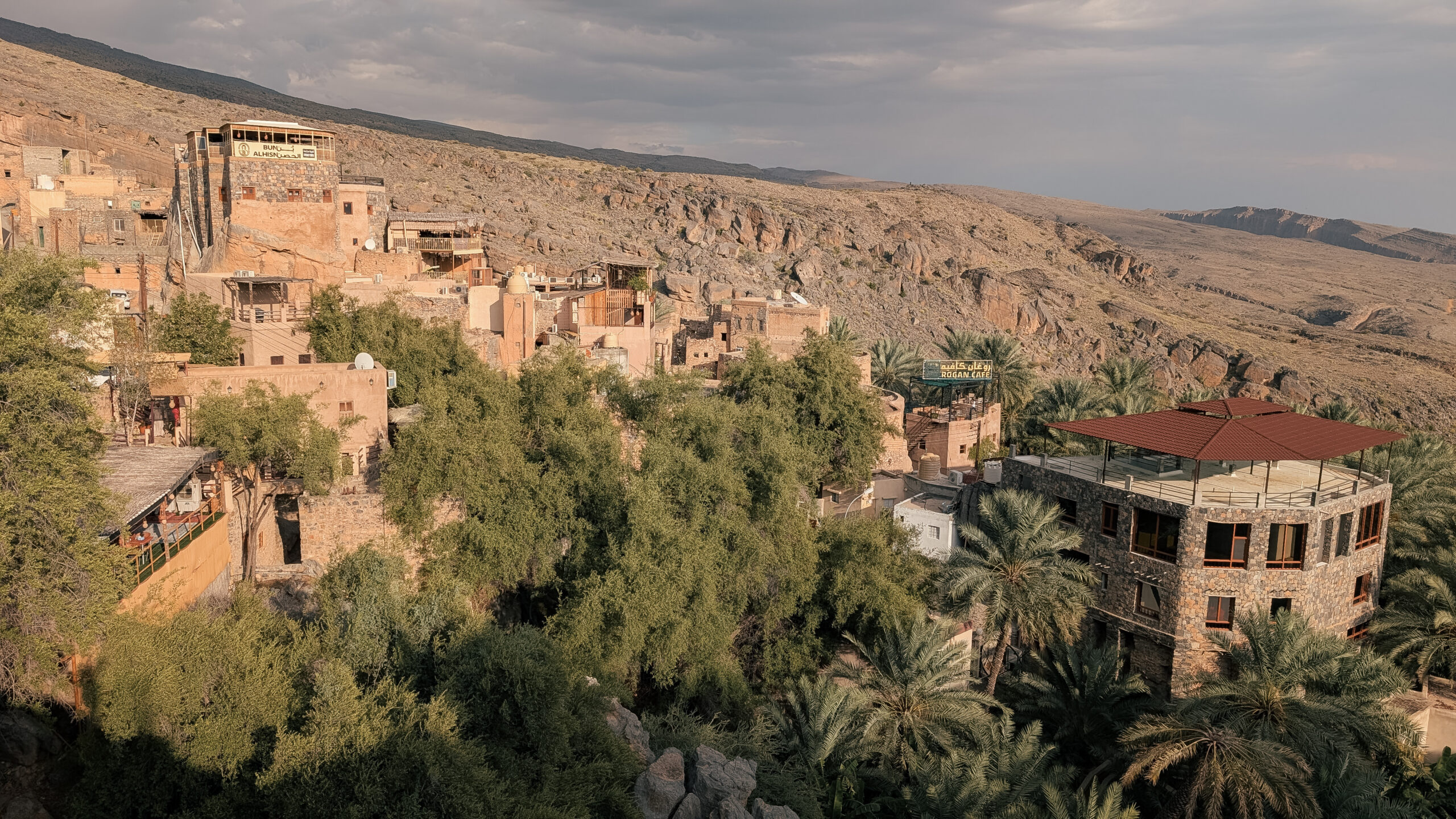 Beautiful view of Misfat al Abriyeen village with mountains at the backdrop
